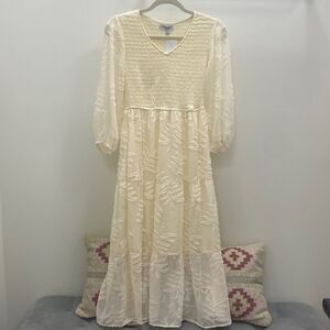 Cream Smocked V-Neck Midi Dress